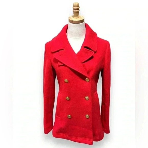 J. Crew Cherry Red Double Breasted Wool Majesty Gold Button Winter Pea Coat 6 - Picture 1 of 11